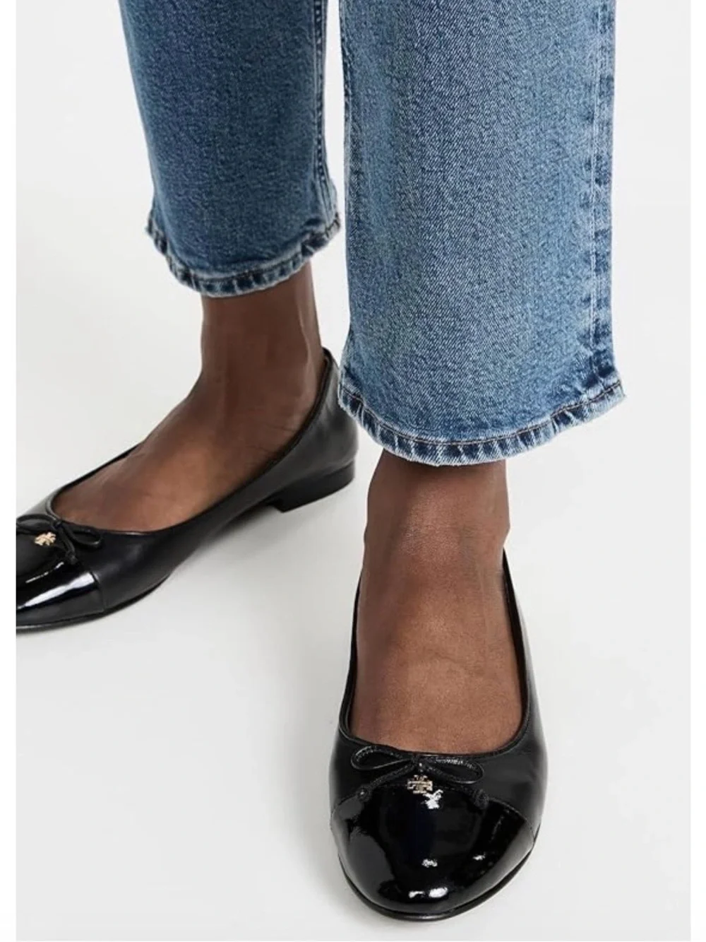 Tory Burch Patent Leather Cap Toe Bow Ballet Flats in Perfect Black 7.5